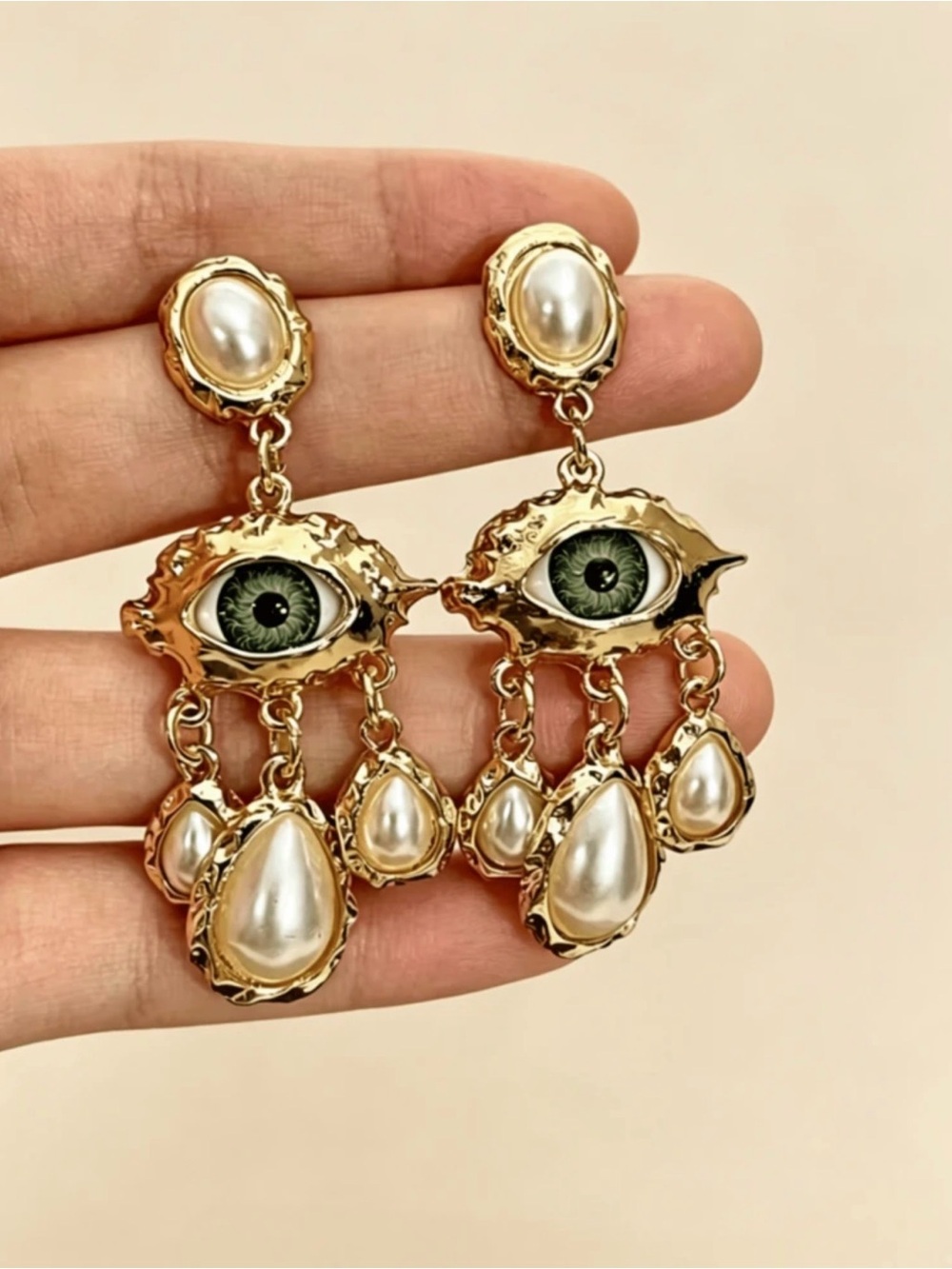 Gold-Tone Pearl Eye Drop Earrings - Fashion Jewelry